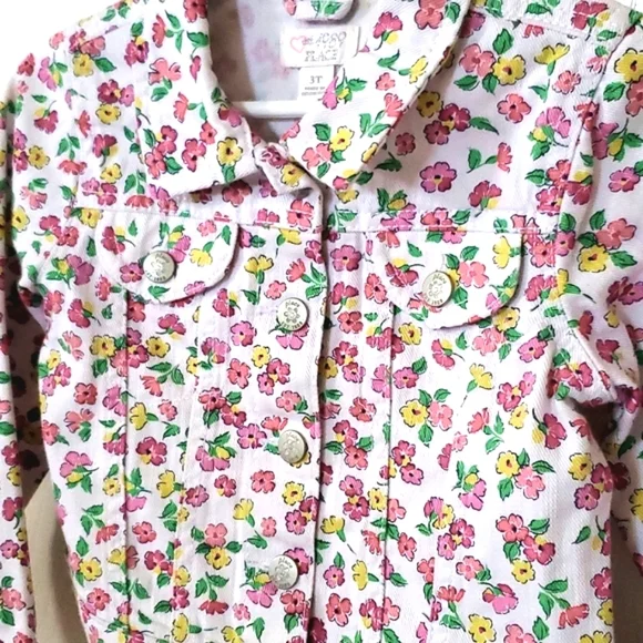 Children's Place White Denim Floral Snap Button Jacket Toddler Girls 3T - Picture 4 of 8